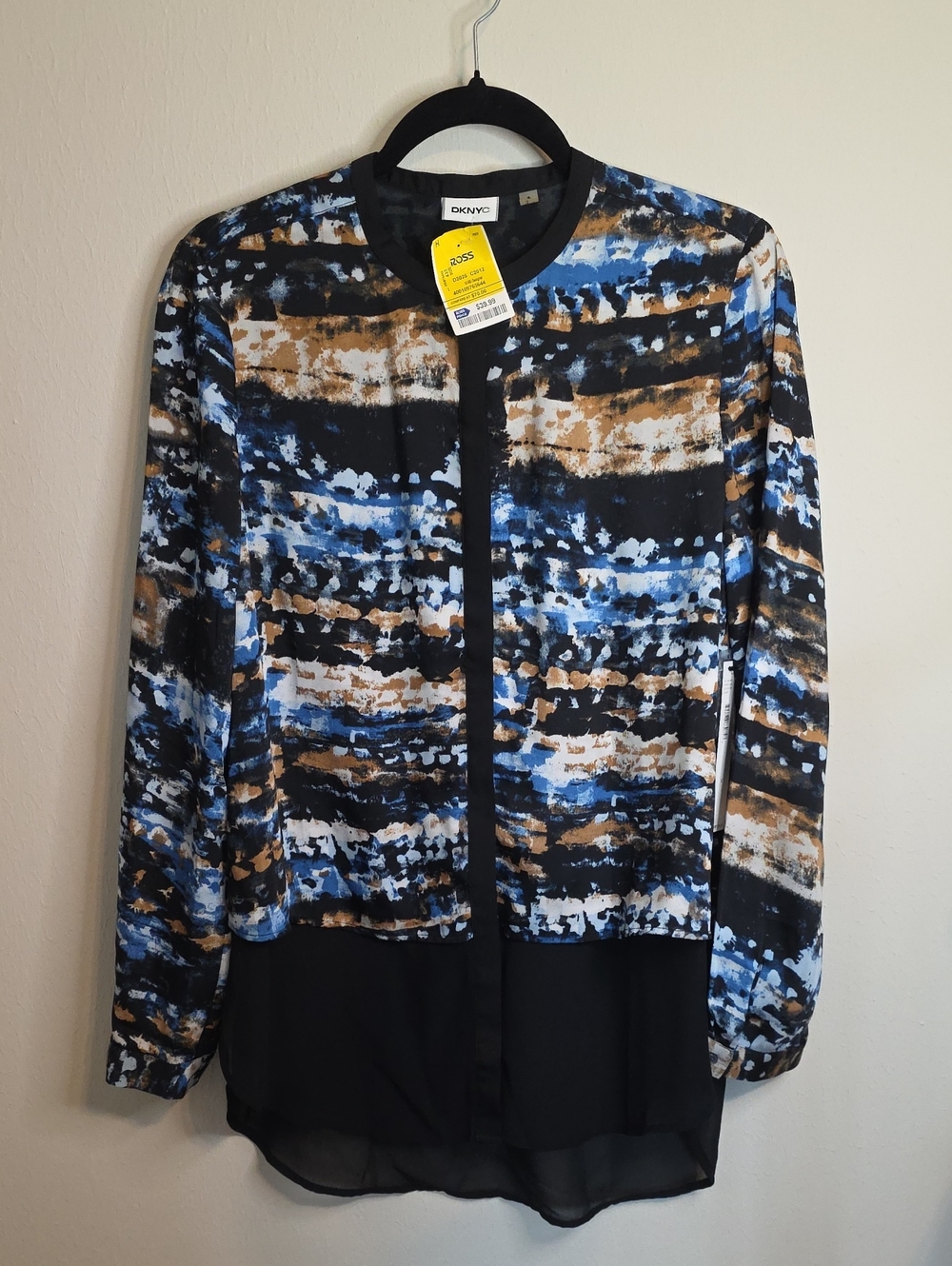 DKNYC Blue Black Brown Printed Blouse with Sheer Trim